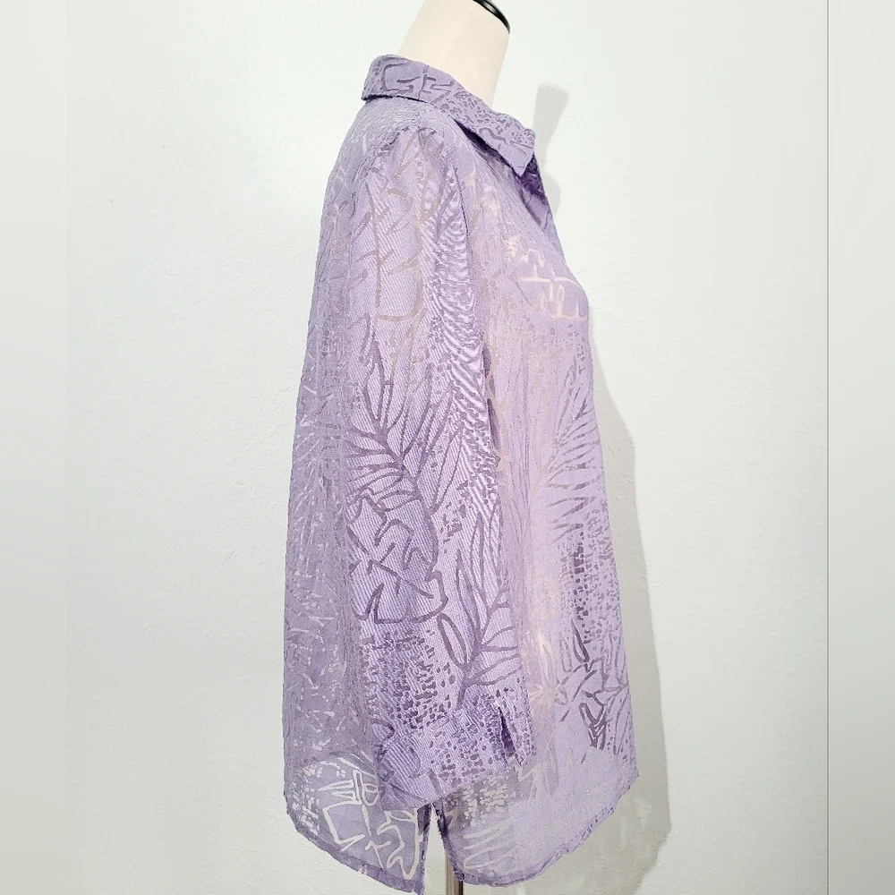 Alfred Dunner Purple Sheer Burnout Button Front Blouse Women’s Size 14 Floral - Picture 5 of 11